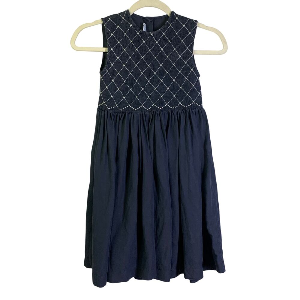 TARTINE ET CHOCOLAT Dress 8 Girls Smocked Bust Button Back Gathered Skirt Navy